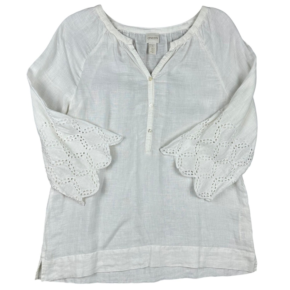 Gorgeous Chicos White 100% Linen Eyelet scalloped Bell Sleeve Tunic Top Sz 1 Med - Picture 3 of 16